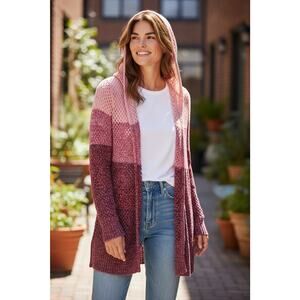 Maurices Cardigan Sweater Womens Medium Pink Hooded Open Knit Stripe Beachy